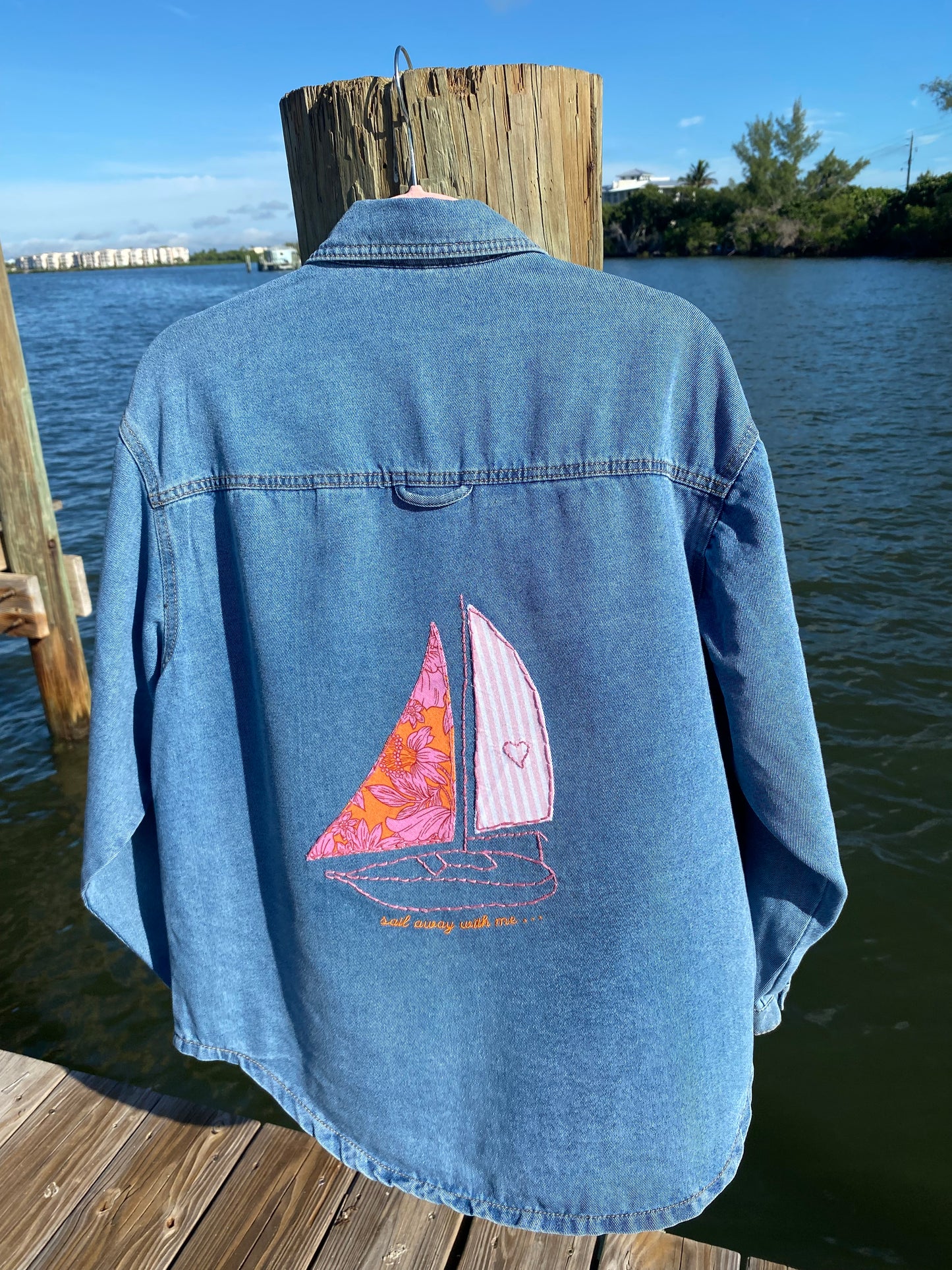 Hand Embroidered Sail Away With Me Denim Shacket | Coastal Boho Fashion