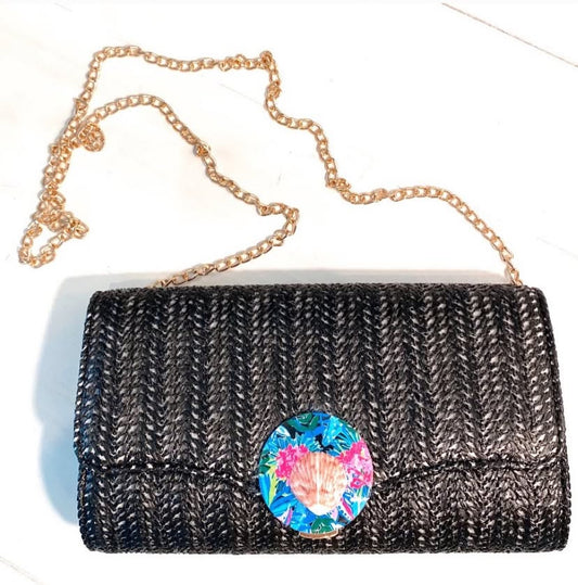 Black Seashell Floral Clutch