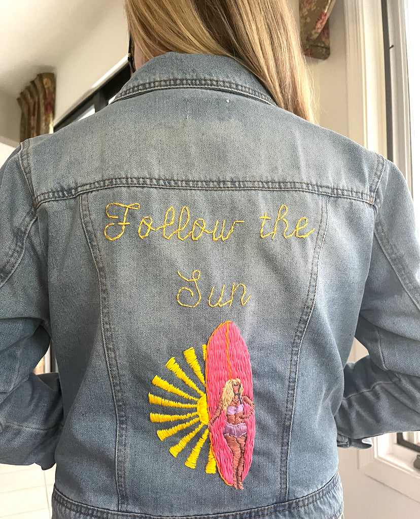 Hand Embroidered Follow the Sun Denim Jacket