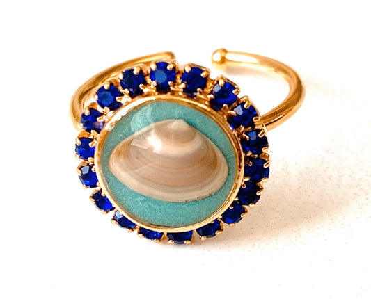 Blue Tides Heirloom Seashell Ring with Sapphire Blue Halo – Turquoise