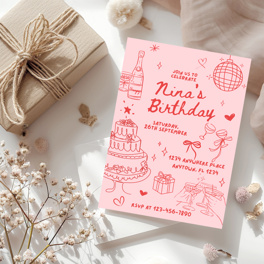 Pink Birdy ~ Birthday Toast Invite Template 5" X 7"