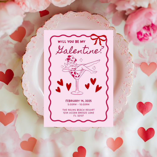 Pink Birdy ~ Will you be my Galentine? Invite Template 5" X 7"