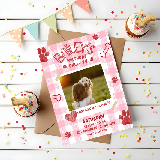 Pink Birdy ~ Dog Paw-ty Time Photo Invite Template 5" X 7"