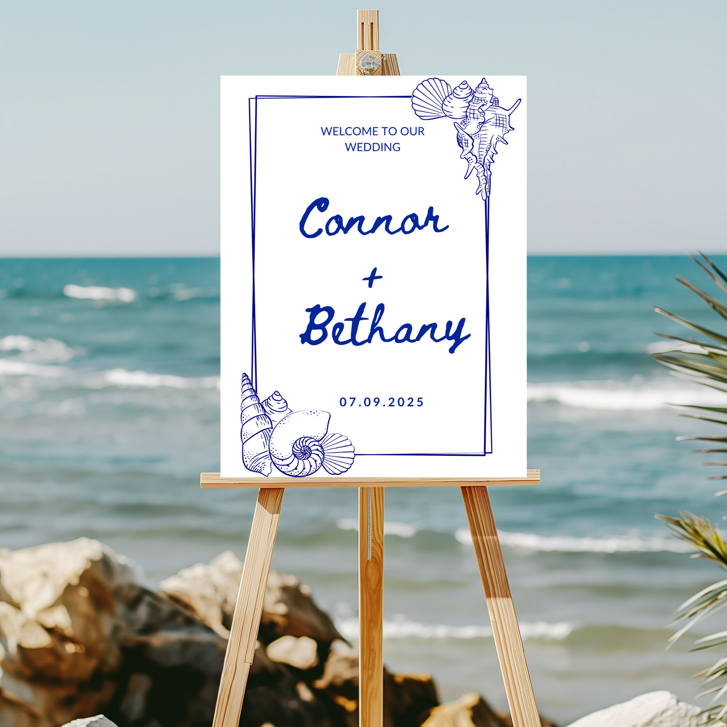 Pink Birdy ~ Navy Seashell Welcome Wedding Sign Template 18"X24"