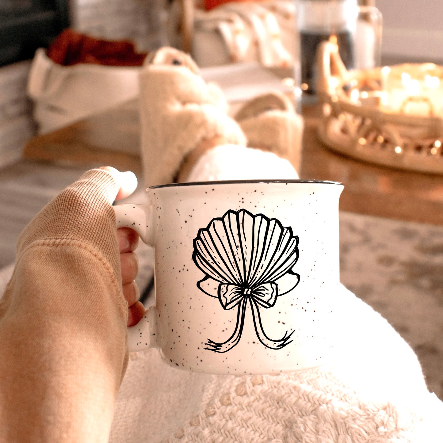 Coquette Seashell with Bow Ceramic Mug Speckled Cream 13oz