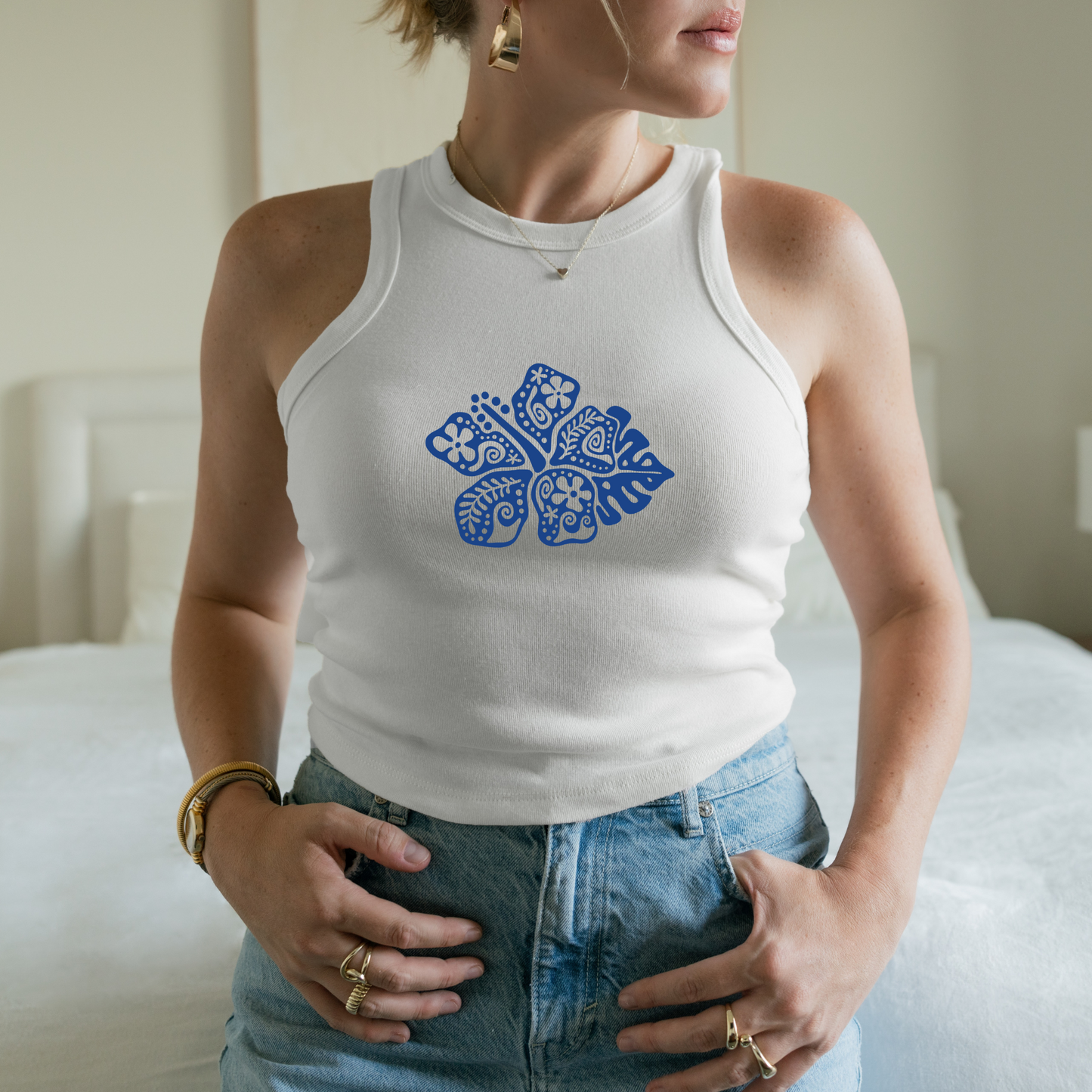 Ocean Child Hibiscus White Ribbed Racerback Tank