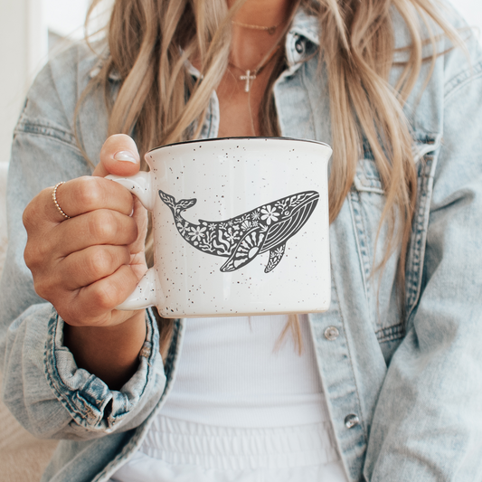 Whaley Cute Mug – Coastal Whale Coffee Mug for Ocean Lovers - Speckled Cream 13oz