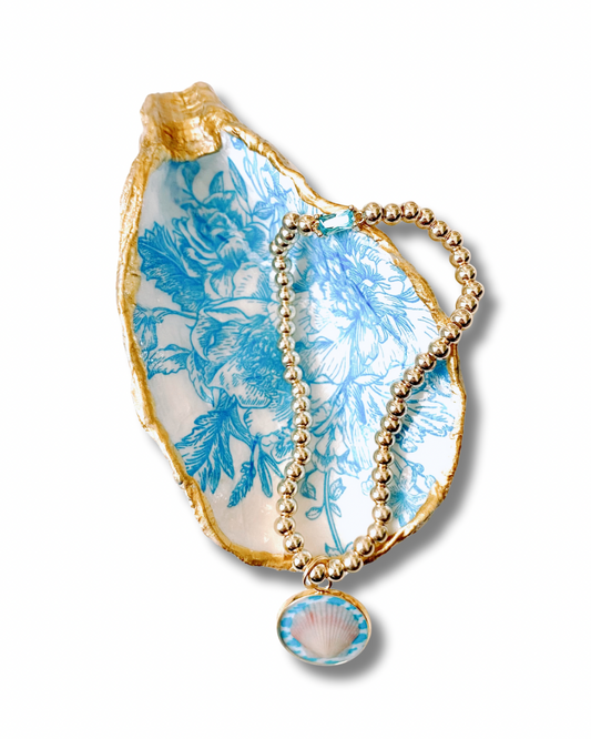 Beach Inspired Gift Set – Blue Toile Oyster Jewelry Dish & 14k Gold Plated Beaded Seashell Charm Bracelet with Rhinestone